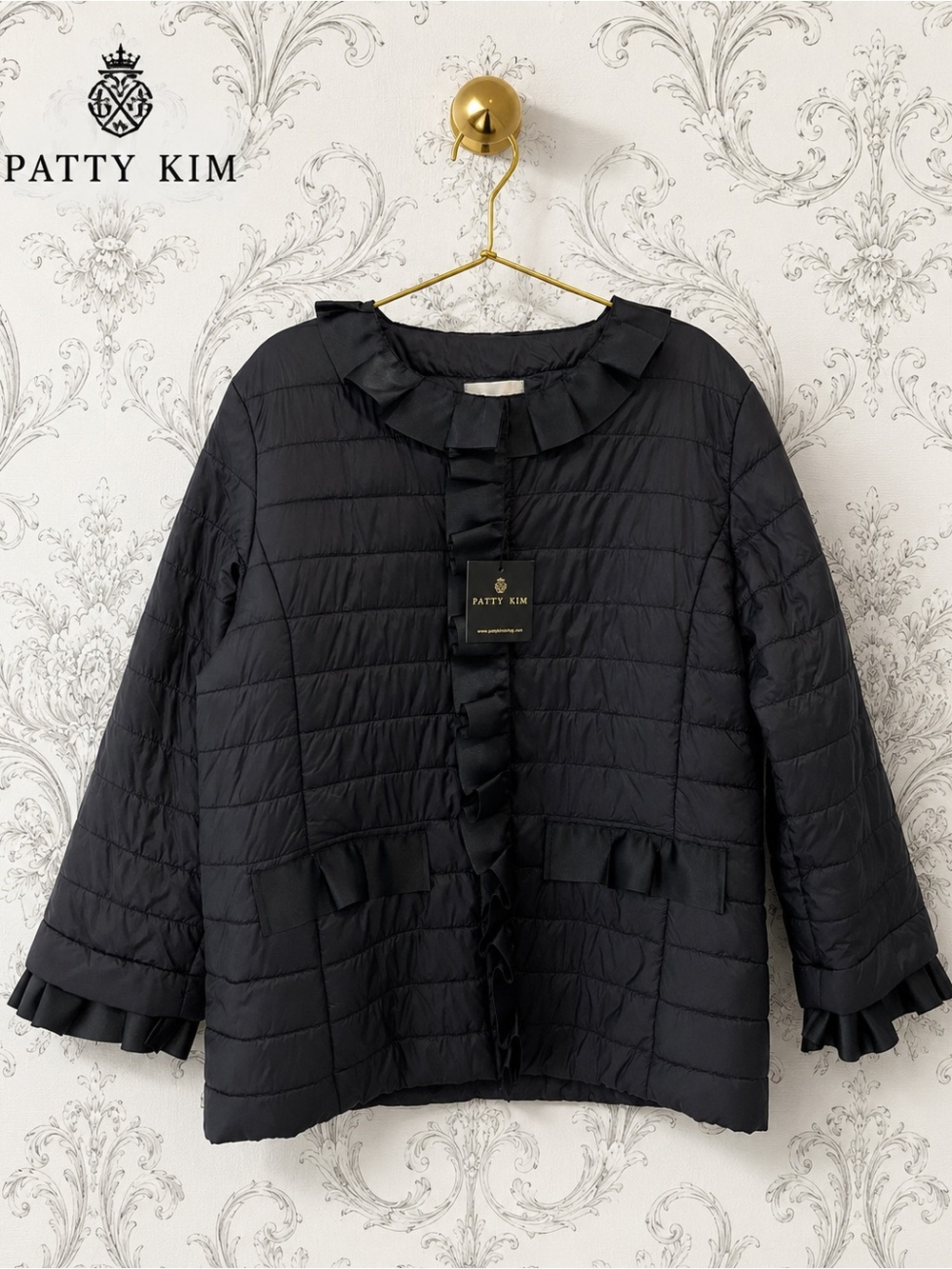 Patty Kim NWT Black Grosgrain Ruffle Trim Quilted Jacket XL
